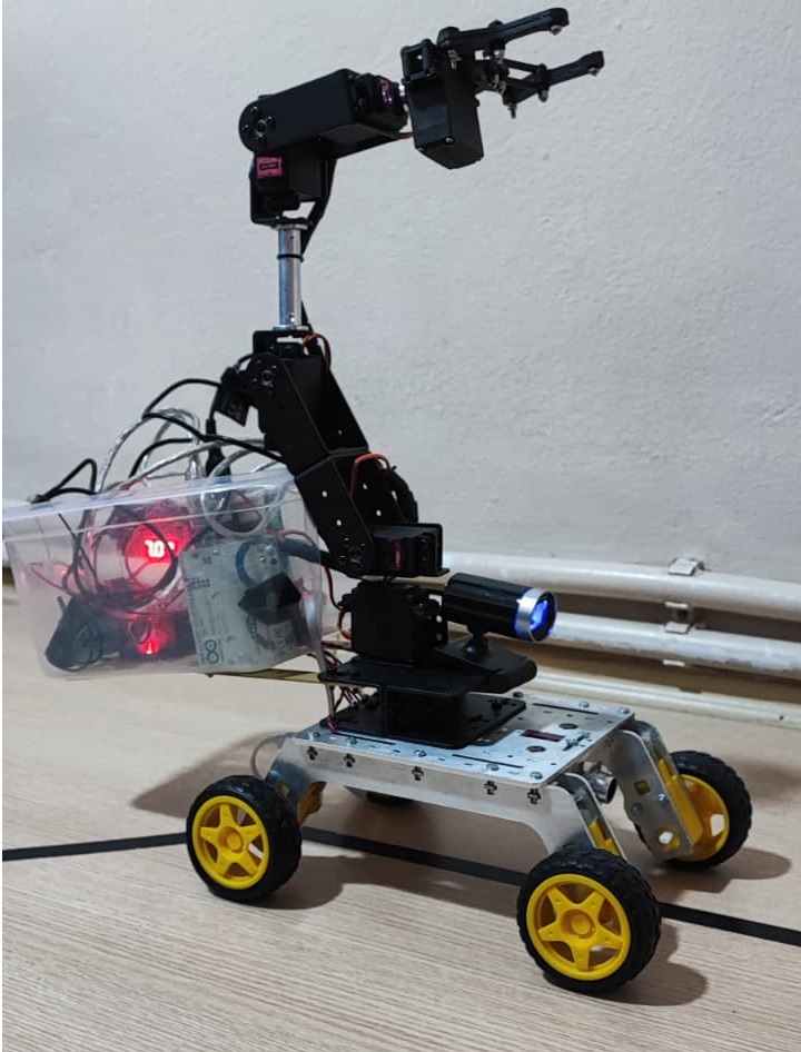 TÜBİTAK 2209/A otonom mobil robot 4WD şasi, Raspberry Pi 5, Arduino ve 6 eksenli robot kol donanım prototipi